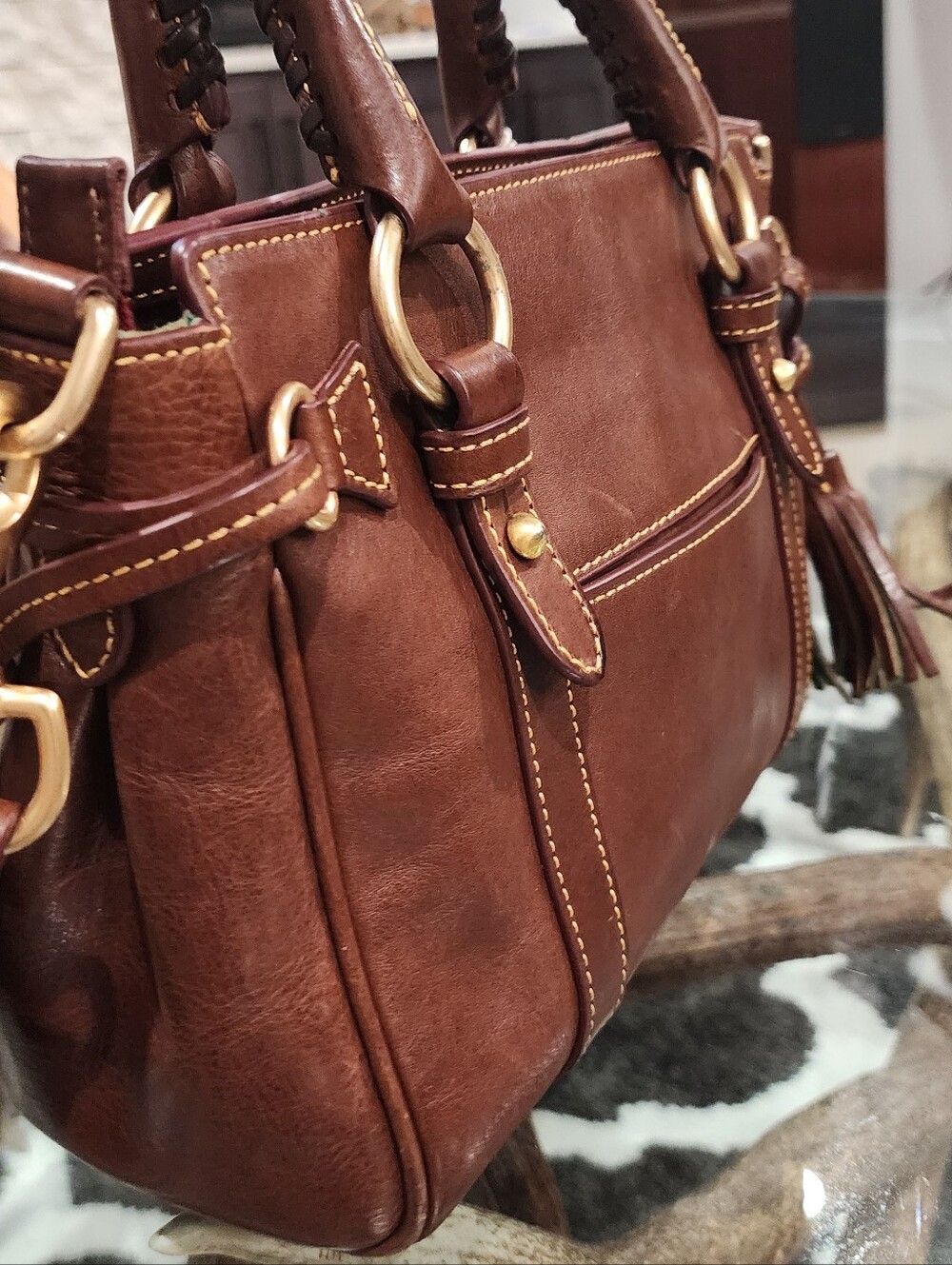 Dooney & Bourke Brown Leather Satchel with Gold Hardware - Picture 3 of 7